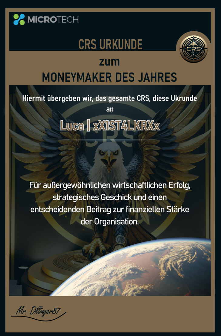 CRS Urkunde Moneymaker des Jahres